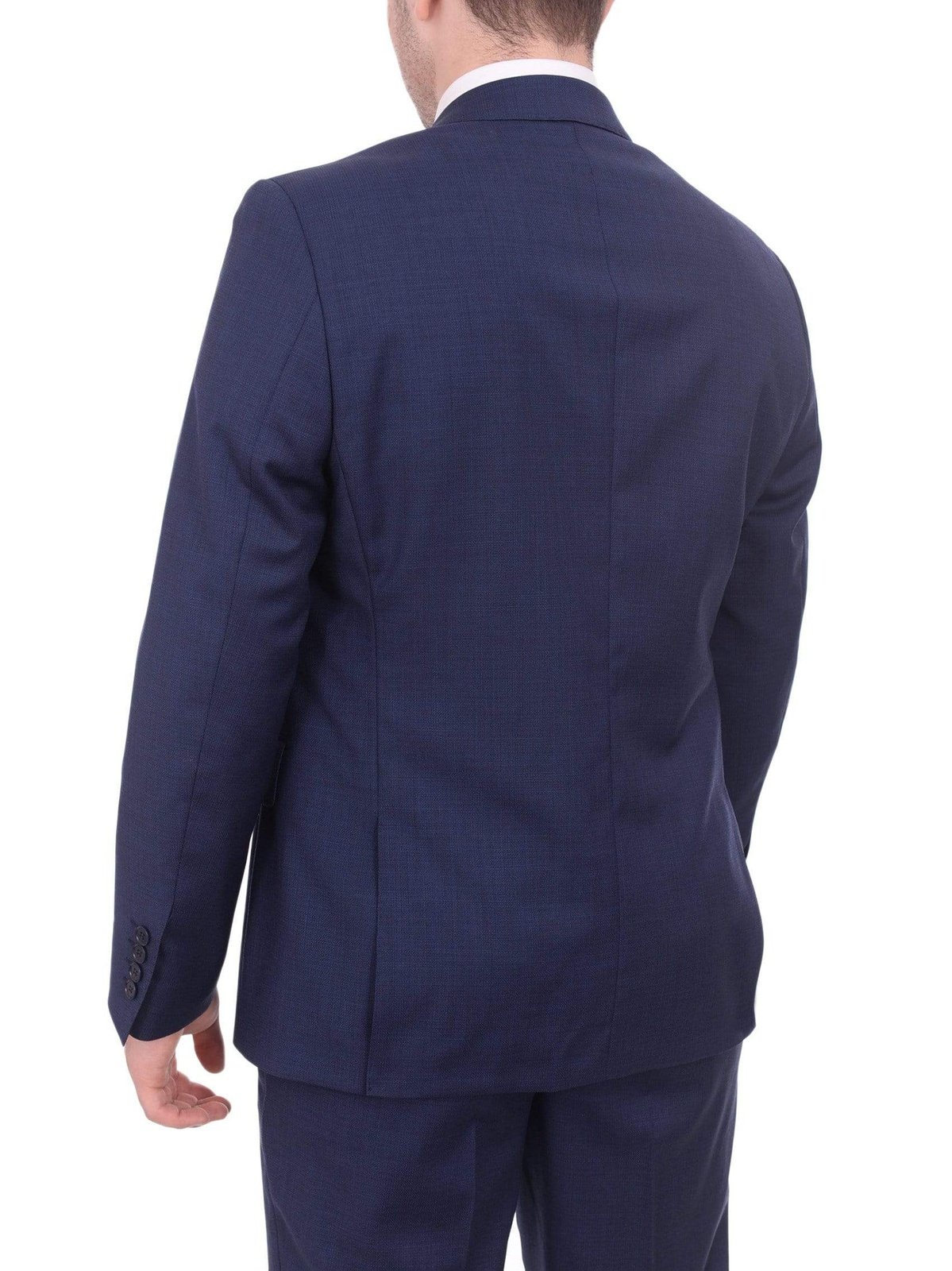 Label E TWO PIECE SUITS Mens Modern Fit Blue Textured Two Button Wool Suit