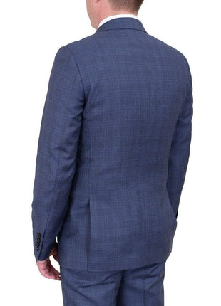 Label E TWO PIECE SUITS Mens Modern Fit Medium Blue Plaid Two Button Wool Suit