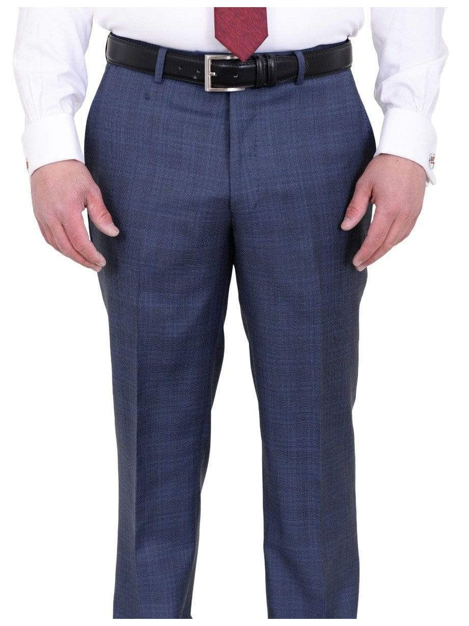 Label E TWO PIECE SUITS Mens Modern Fit Medium Blue Plaid Two Button Wool Suit