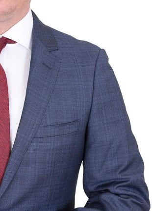 Label E TWO PIECE SUITS Mens Modern Fit Medium Blue Plaid Two Button Wool Suit