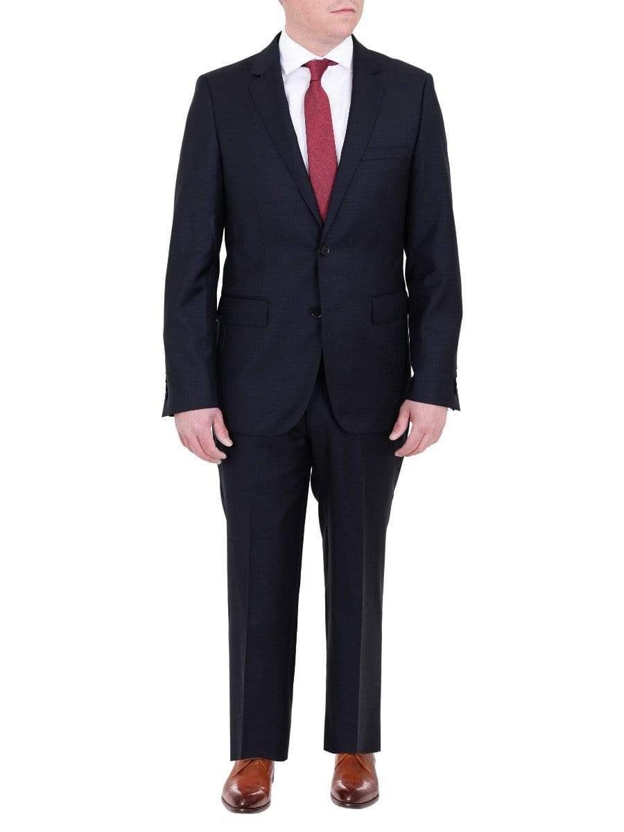 Label E TWO PIECE SUITS Mens Modern Fit Navy Blue Tonal Check Two Button Wool Suit