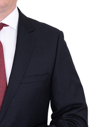 Label E TWO PIECE SUITS Mens Modern Fit Navy Blue Tonal Check Two Button Wool Suit