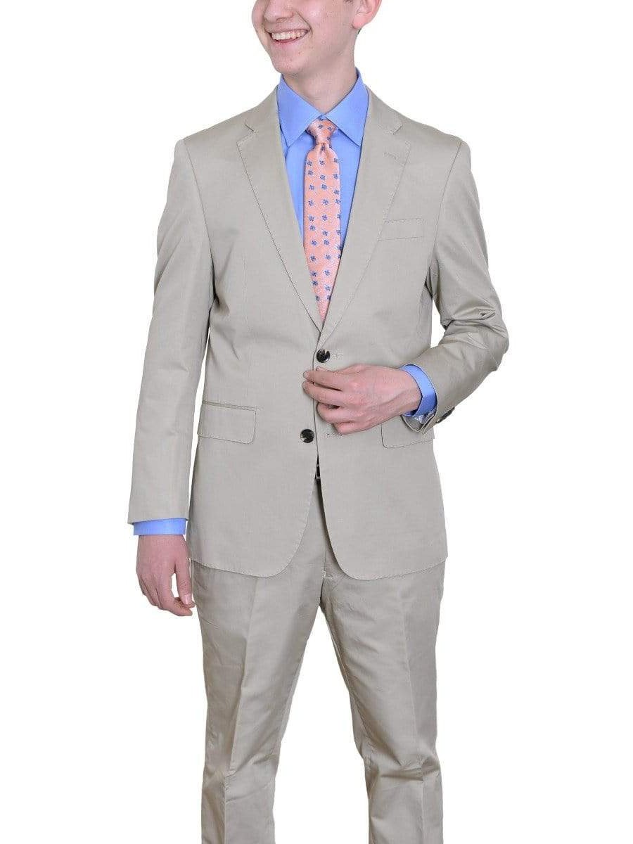 Label E TWO PIECE SUITS Mens Modern Fit Solid Tan Half Lined Two Button Cotton Suit