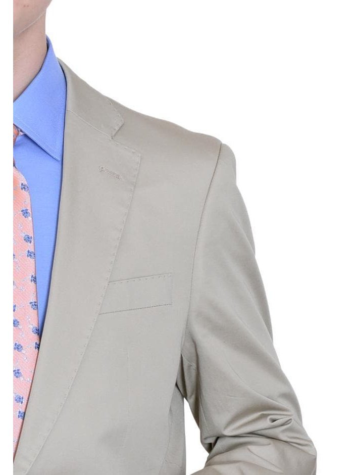 Label E TWO PIECE SUITS Mens Modern Fit Solid Tan Half Lined Two Button Cotton Suit