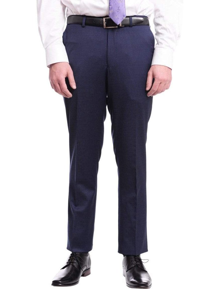 Label E TWO PIECE SUITS Mens Slim Fit Blue Mini Check Two Button Wool Suit