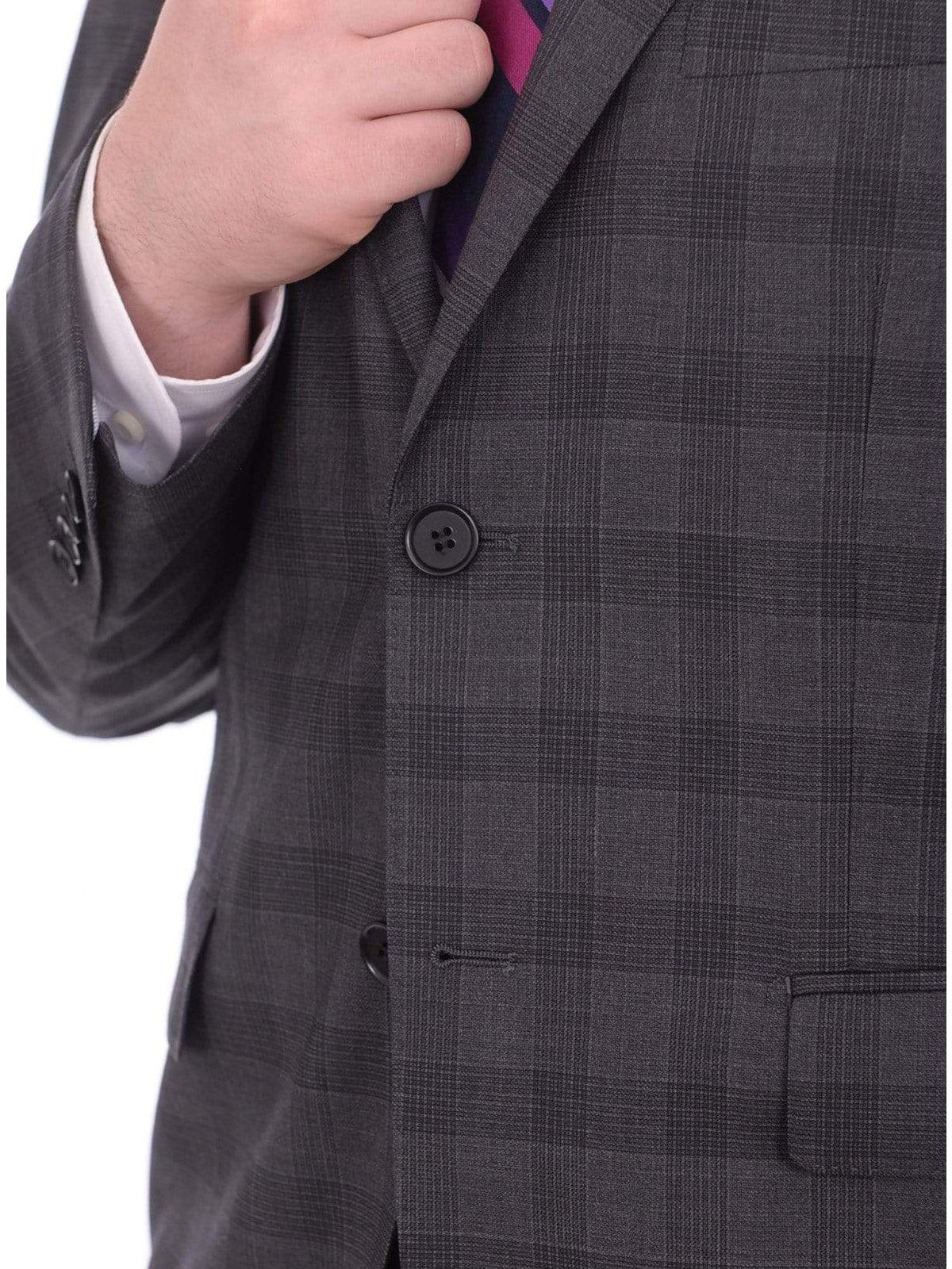 Label E TWO PIECE SUITS Mens Slim Fit Charcoal Gray Plaid Two Button Wool Suit