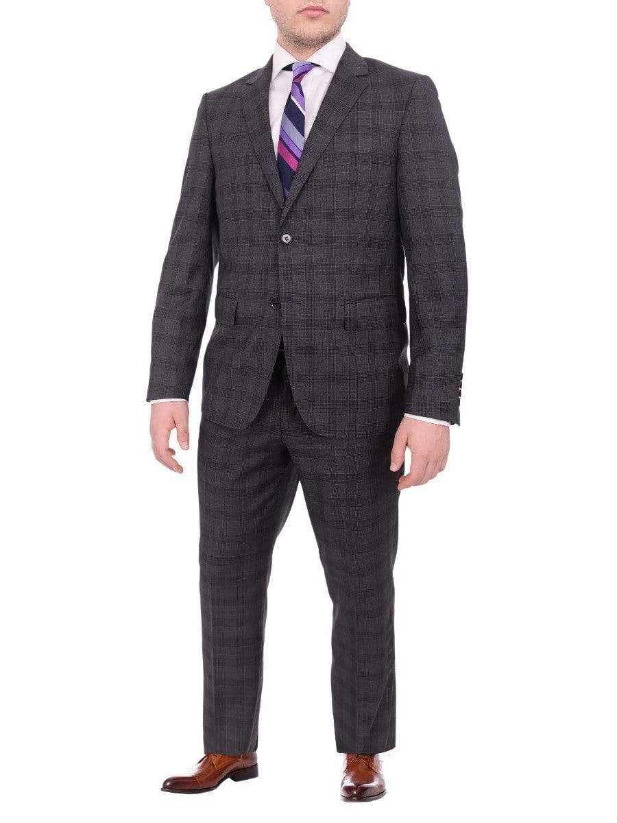 Label E TWO PIECE SUITS Mens Slim Fit Charcoal Gray Plaid Two Button Wool Suit