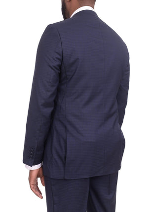 Label E TWO PIECE SUITS Mens Slim Fit Navy Blue Check Two Button Wool Suit