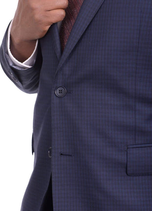 Label E TWO PIECE SUITS Mens Slim Fit Navy Blue Check Two Button Wool Suit