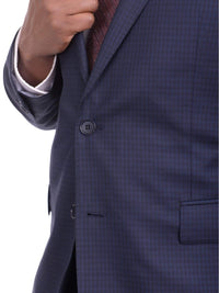 Thumbnail for Label E TWO PIECE SUITS Mens Slim Fit Navy Blue Check Two Button Wool Suit