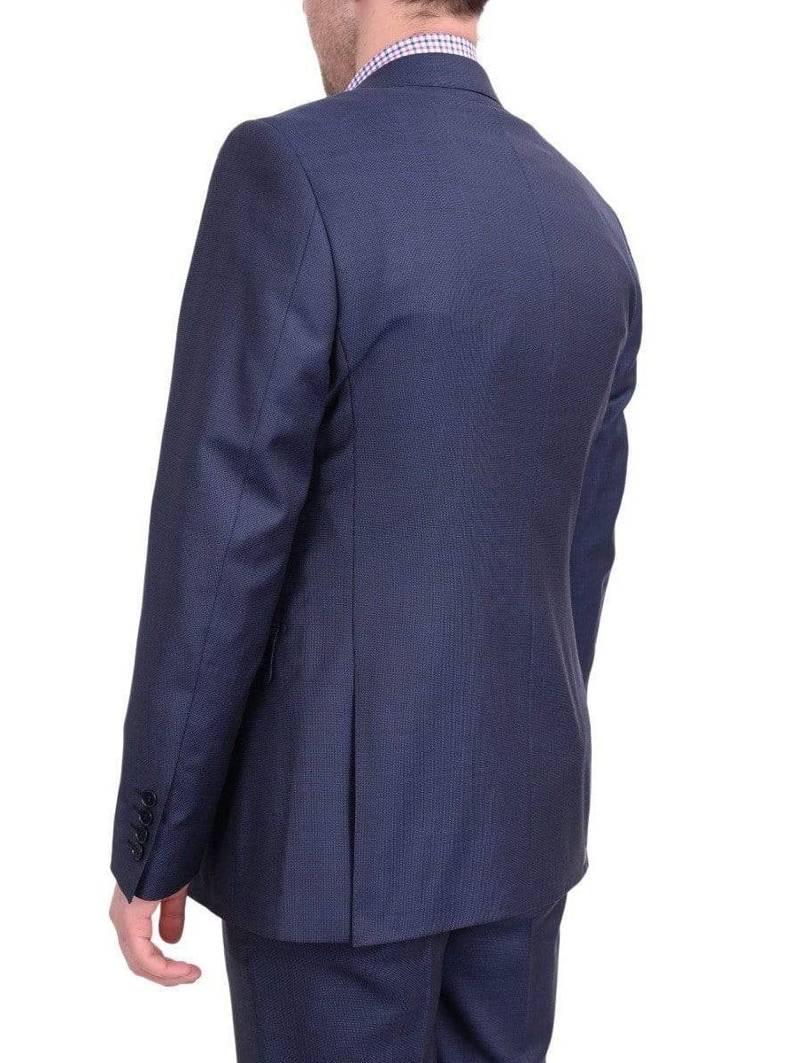 Label E TWO PIECE SUITS Mens Slim Fit Navy Blue Textured Two Button Wool Suit
