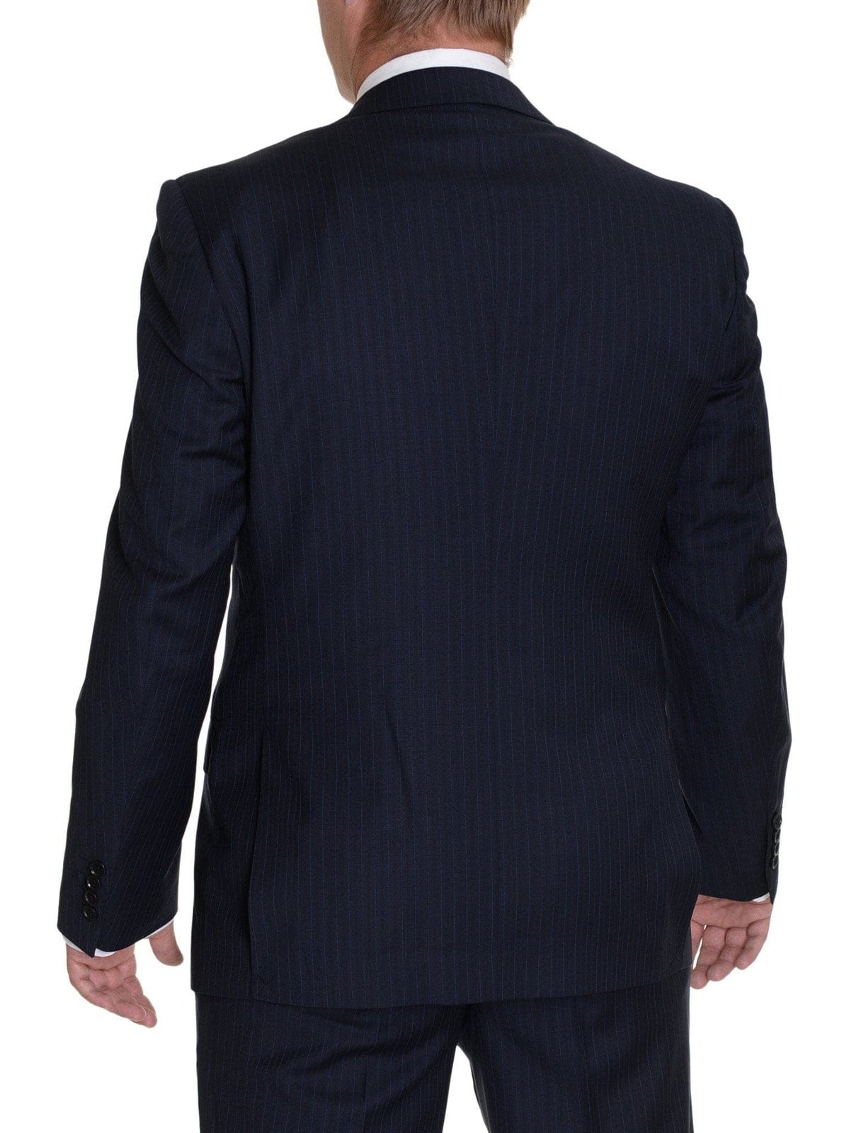 Label E TWO PIECE SUITS Modern Fit Navy Blue Pinstriped Two Button Wool Suit