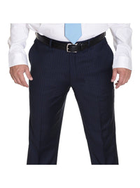 Thumbnail for Label E TWO PIECE SUITS Modern Fit Navy Blue Pinstriped Two Button Wool Suit