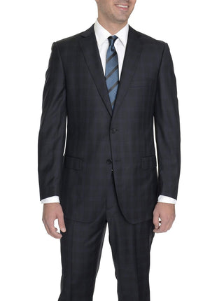 Label E TWO PIECE SUITS Modern Fit Navy Blue Plaid Two Button Wool Suit