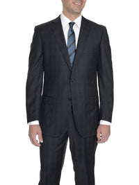 Thumbnail for Label E TWO PIECE SUITS Modern Fit Navy Blue Plaid Two Button Wool Suit