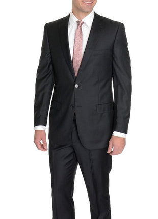 Label E TWO PIECE SUITS Modern Fit Solid Black Two Button Wool Suit