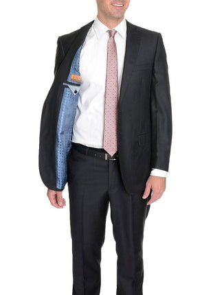 Label E TWO PIECE SUITS Modern Fit Solid Black Two Button Wool Suit