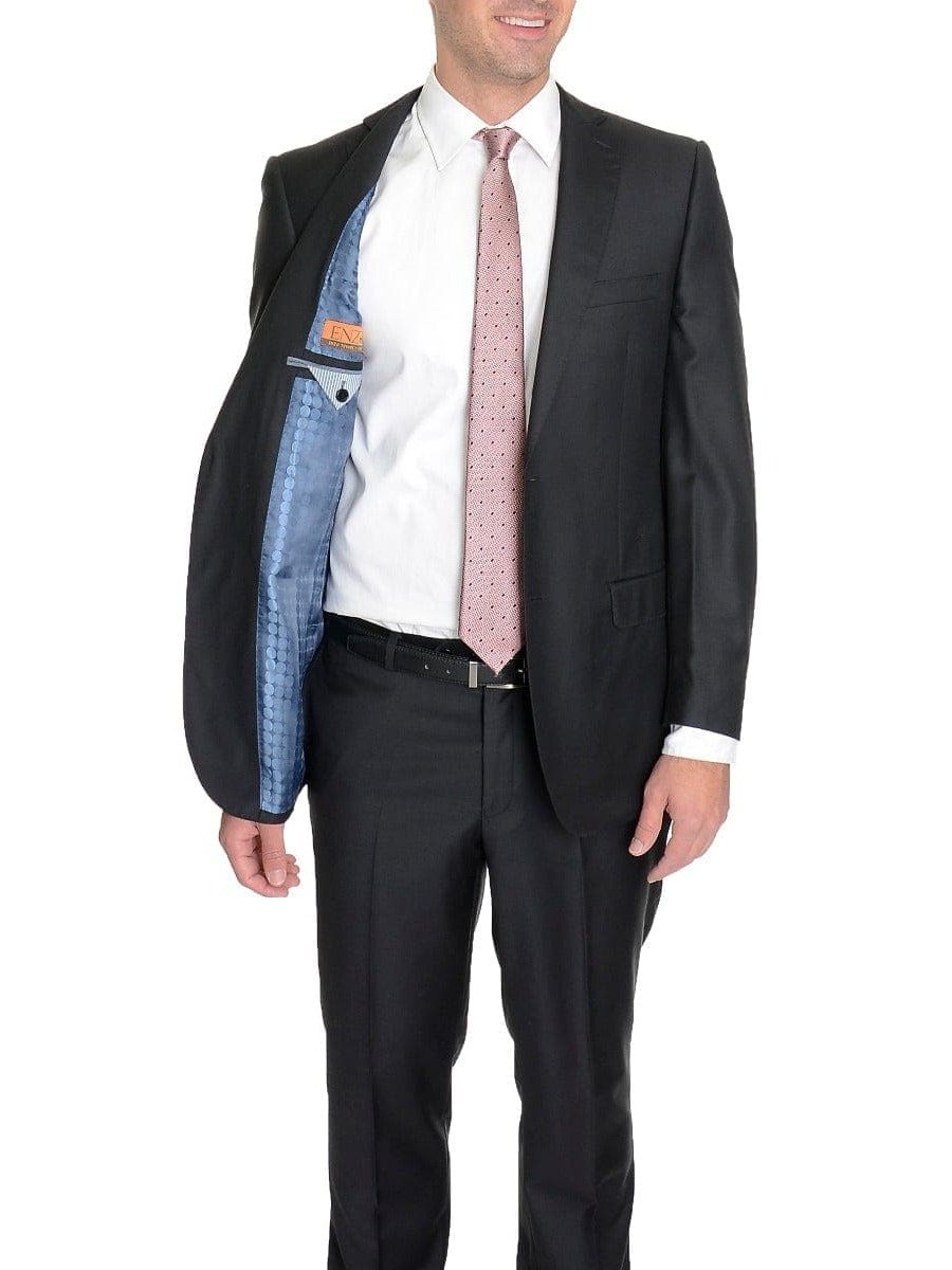 Label E TWO PIECE SUITS Modern Fit Solid Black Two Button Wool Suit