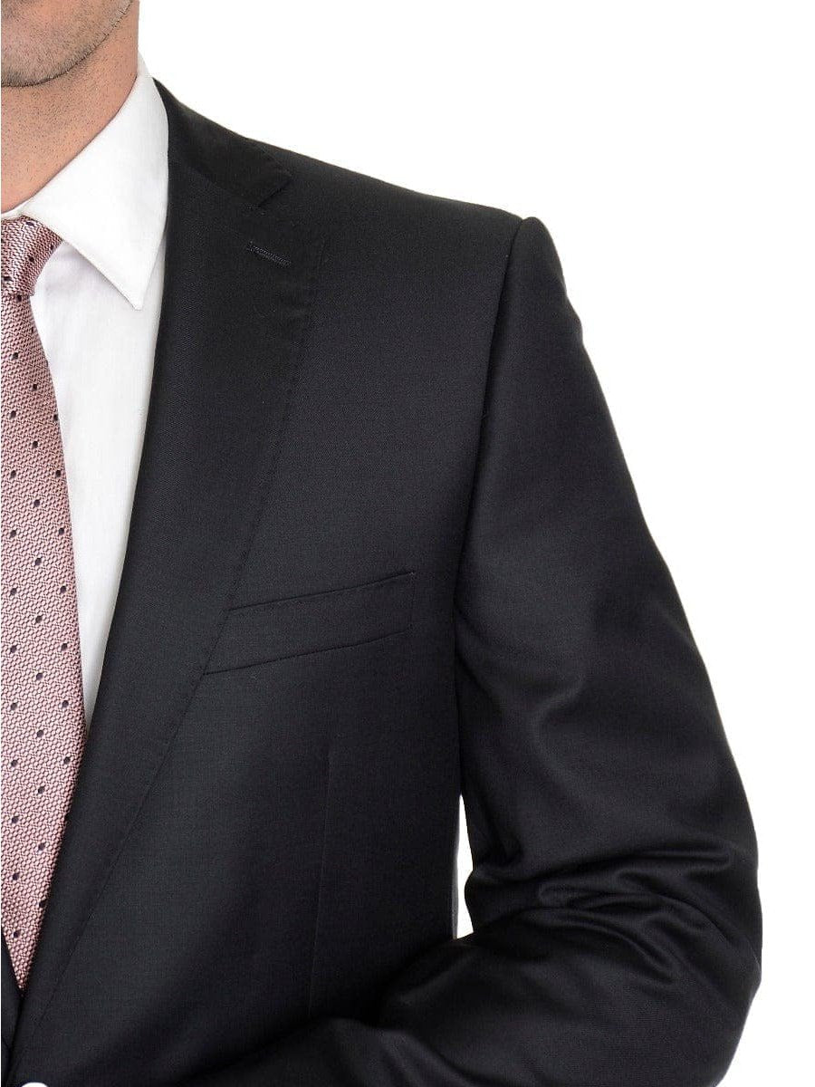 Label E TWO PIECE SUITS Modern Fit Solid Black Two Button Wool Suit