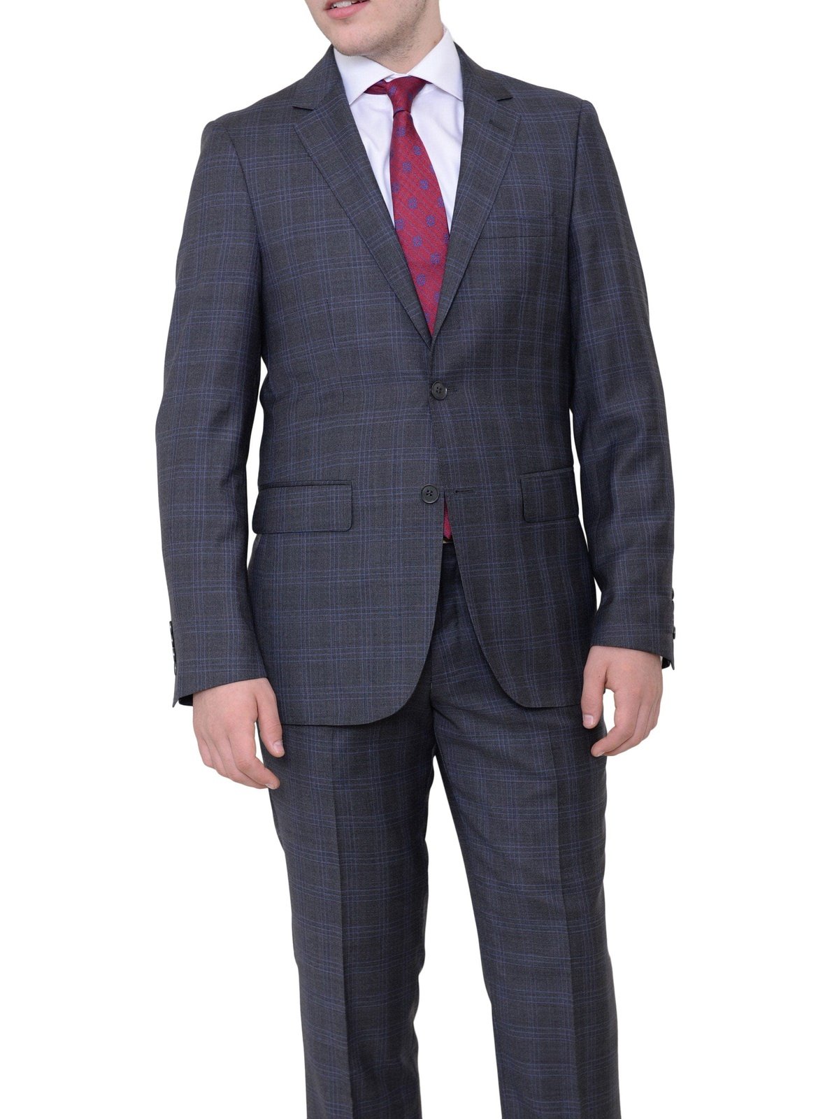 Label E TWO PIECE SUITS Slim Fit Gray With Blue Windowpane Two Button Wool Suit