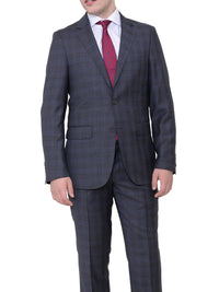 Thumbnail for Label E TWO PIECE SUITS Slim Fit Gray With Blue Windowpane Two Button Wool Suit