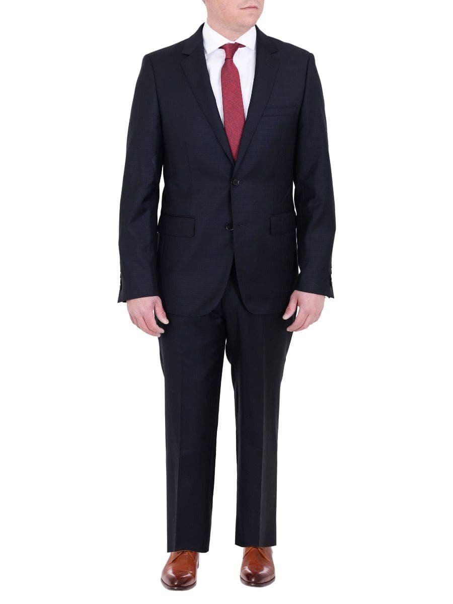 Label E TWO PIECE SUITS The Suit Depot Mens Blue Tonal Mini Check 100% Wool Modern Fit Suit