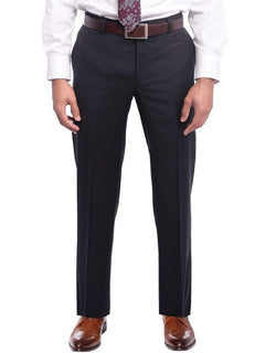 Mens Slim Fit Solid Navy Blue Flat Front Wool Dress Pants