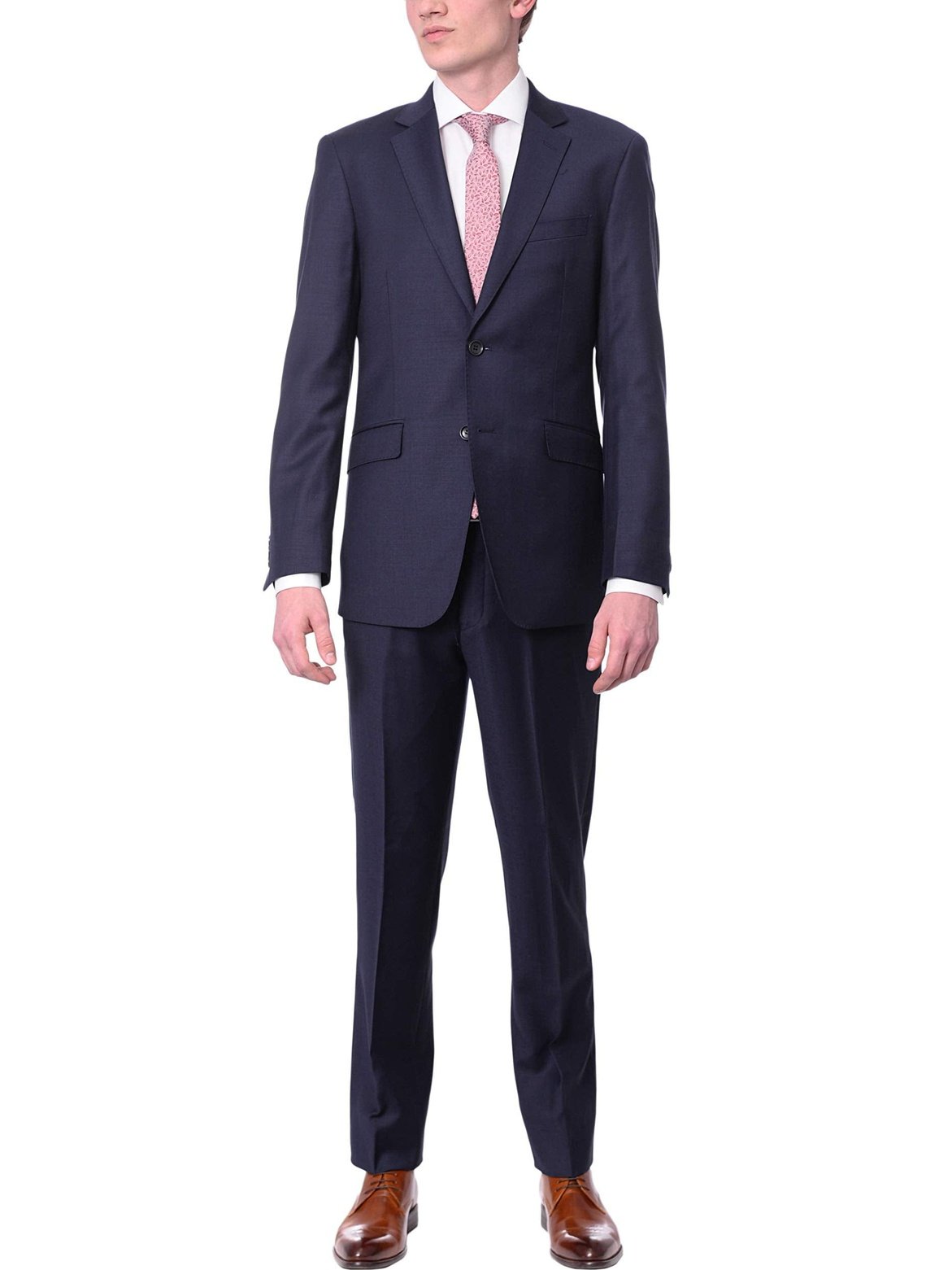 Label M Bestselling Items Men&#39;s Slim Fit Solid Navy Blue Two Button Wrinkle Resistant 2 Piece Wool Suit