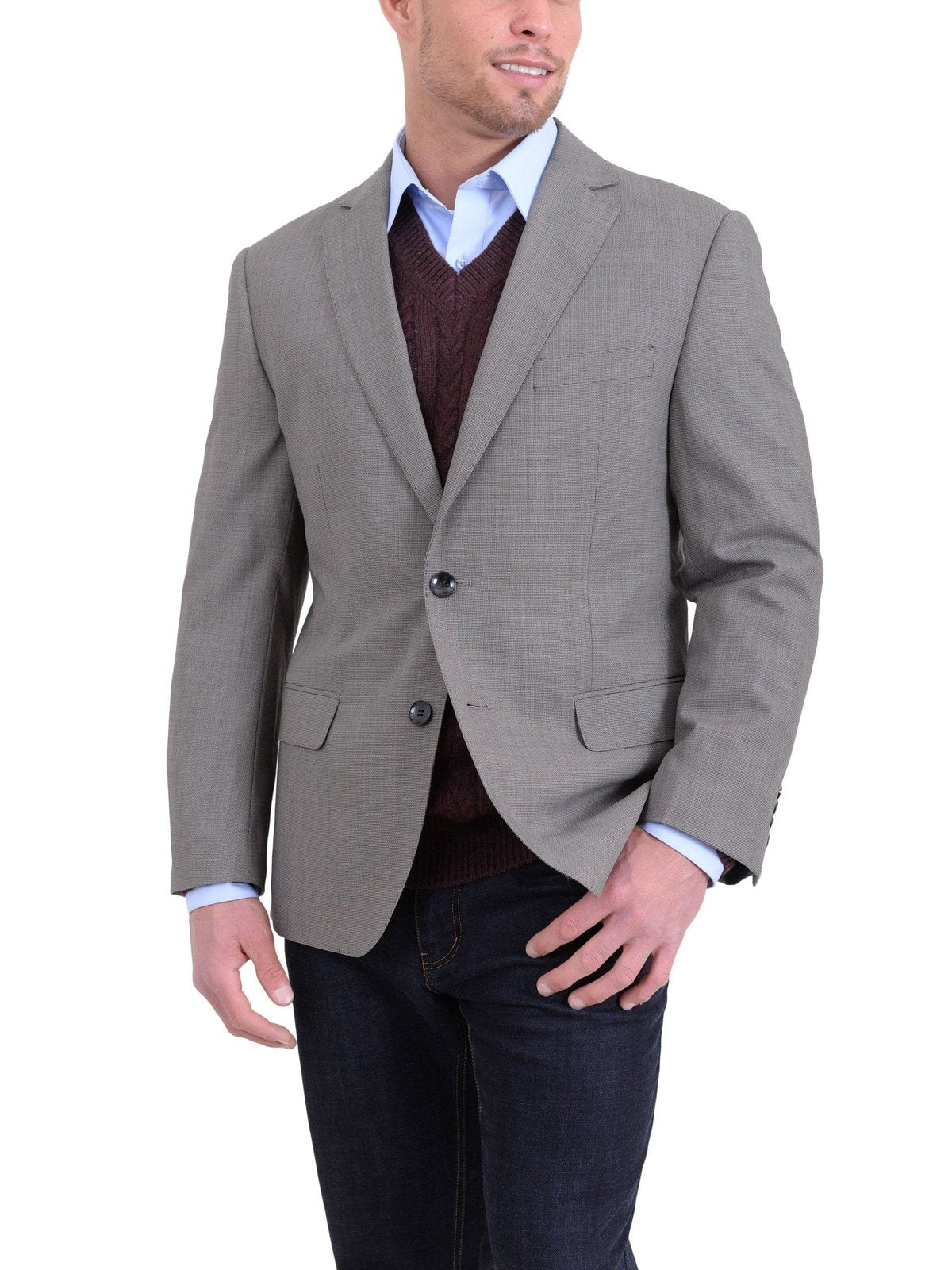 Label M BLAZERS Classic Fit Taupe Brown Basketweave Two Button Wool Blazer Sportcoat