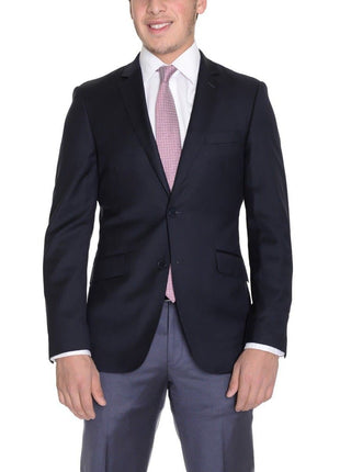 Mens Extra Slim Fit Solid Navy Blue Two Button Wool Blazer Suit Jacket - The Suit Depot