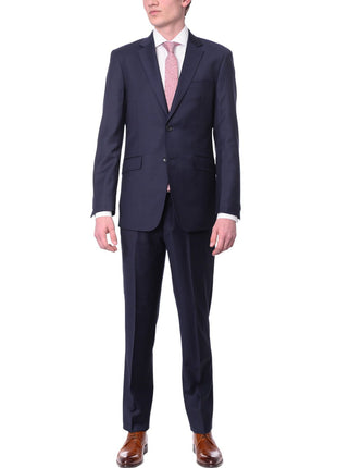 Label M Mens Extra Slim Fit Solid Navy Blue Two Button Wool Suit