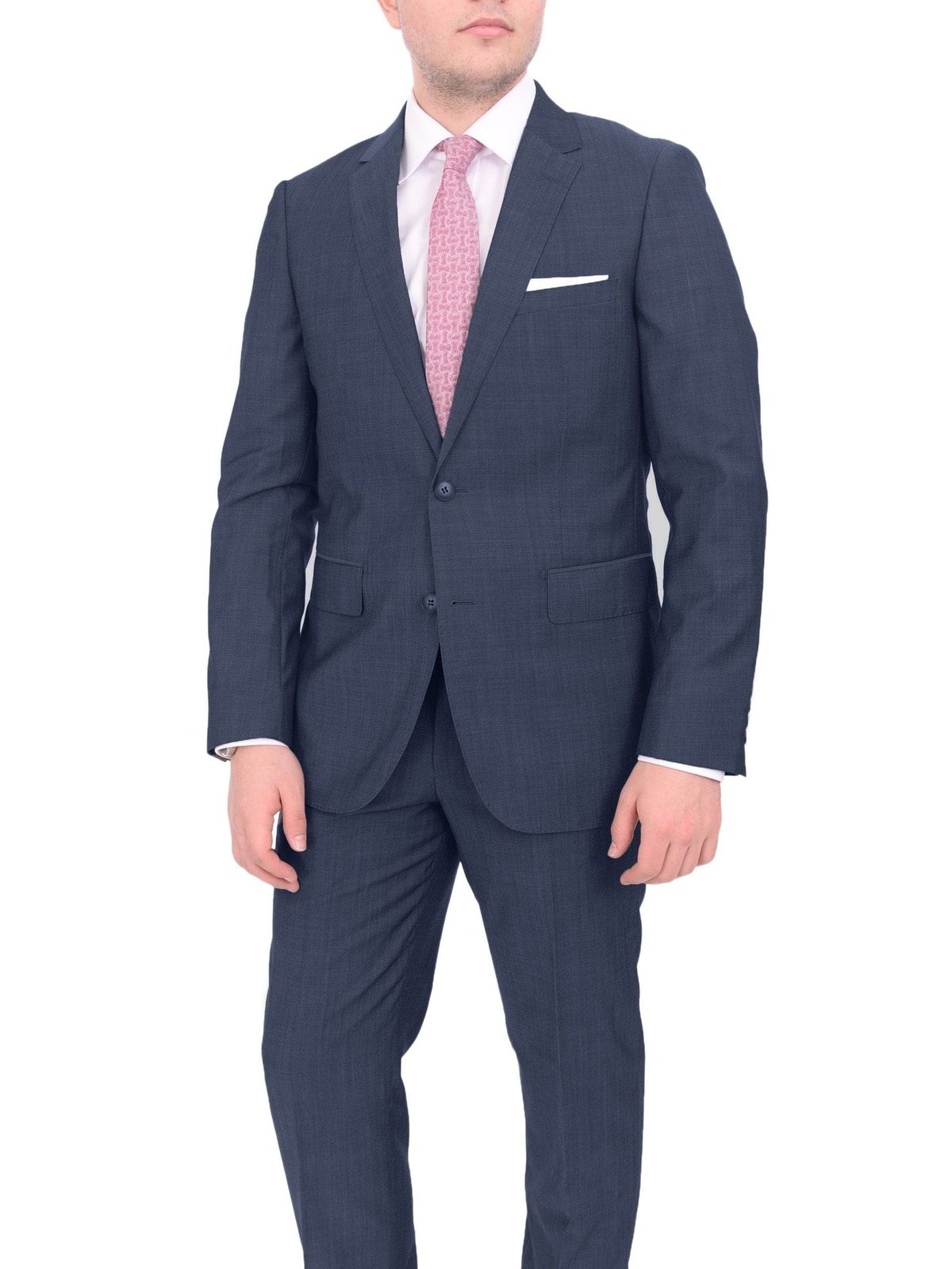 Label M Mens Solid Blue 100% Wool Slim Fit 2 Button 2 Piece Suit