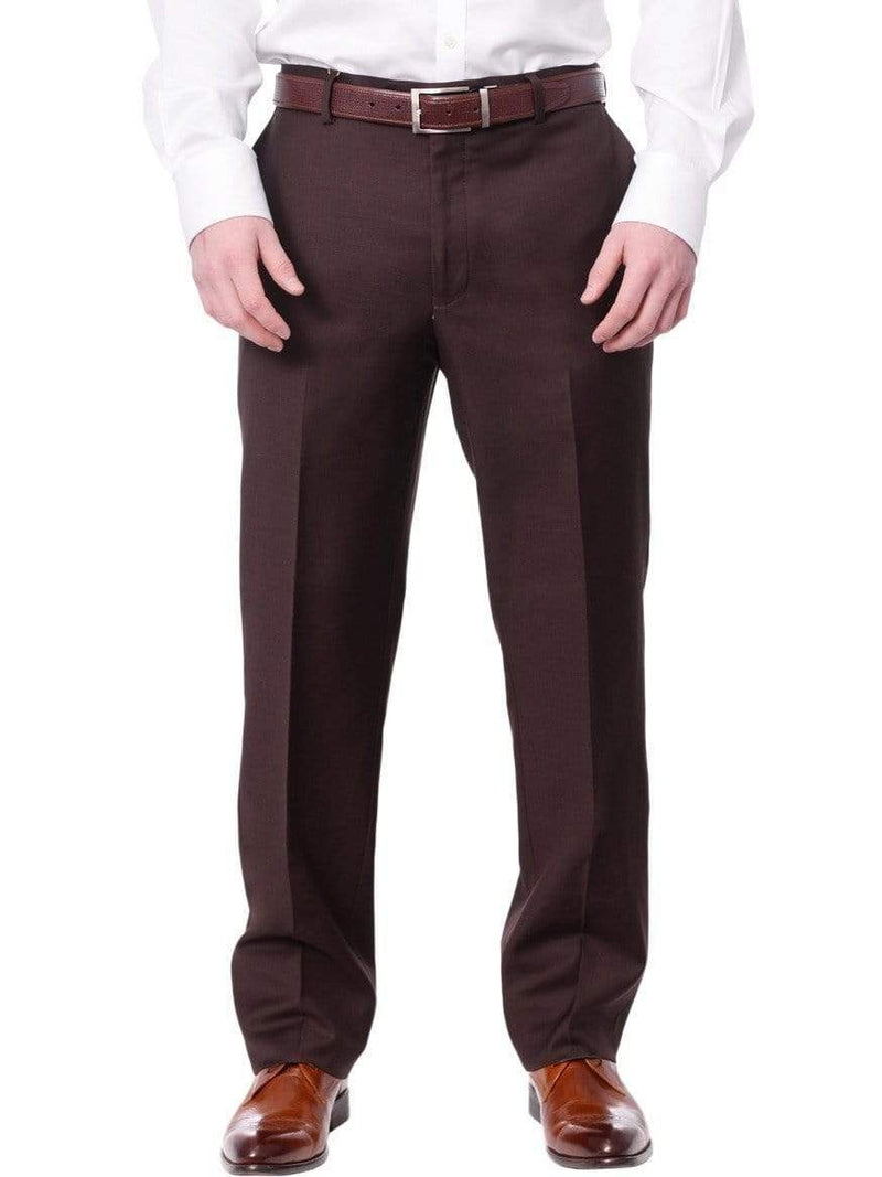 Sartoria Mazara Men's Dress Pants - Solid Dark Brown Color - Flat Front Design - 100% Wool Fabric - Classic Fit for Formal Business Wear