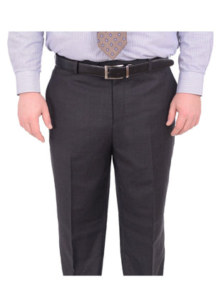 Mens Portly Fit Solid Charcoal Gray Flat Front Wool Dress Pants - The Suit Depot