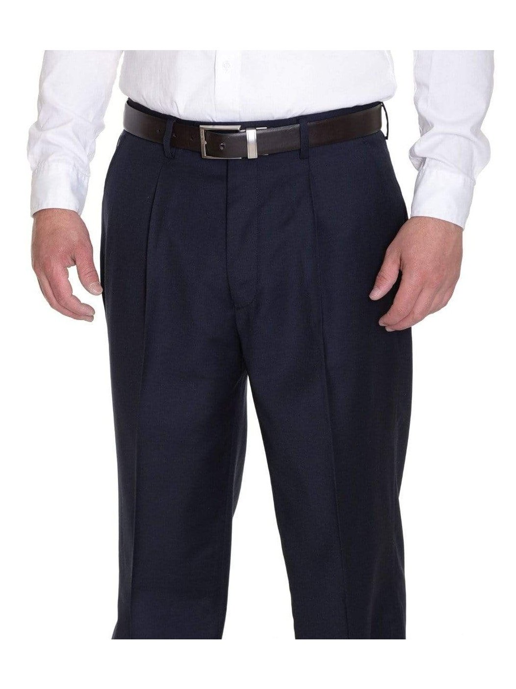 Label M PANTS 50W Solid Navy Blue Single Pleated Wrinkle Resistant Wool Dress Pants