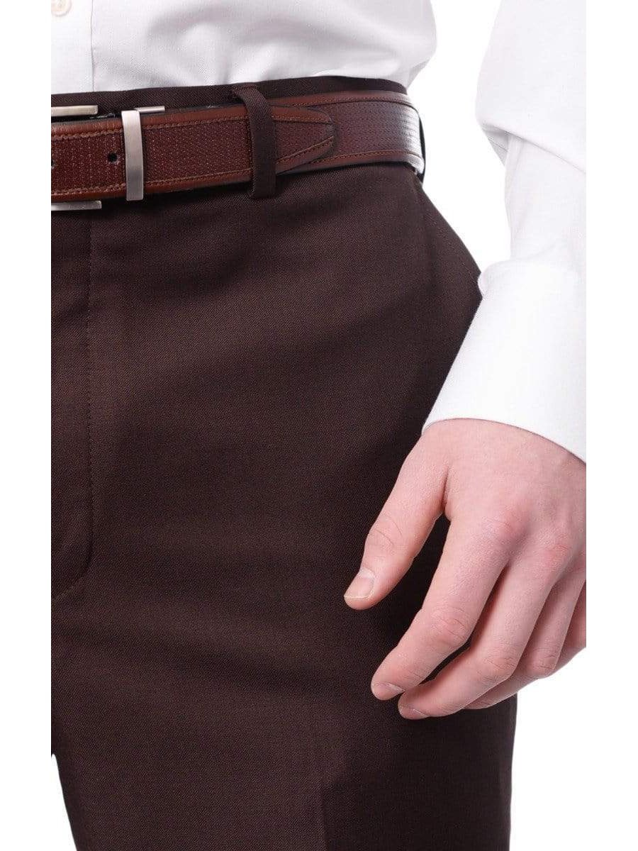 Men's Classic Fit Solid Dark Brown Flat Front Wool Dress Pants, 52 Men's Classic Fit Solid Dark Brown Flat Front Wool Dress Pants, 52