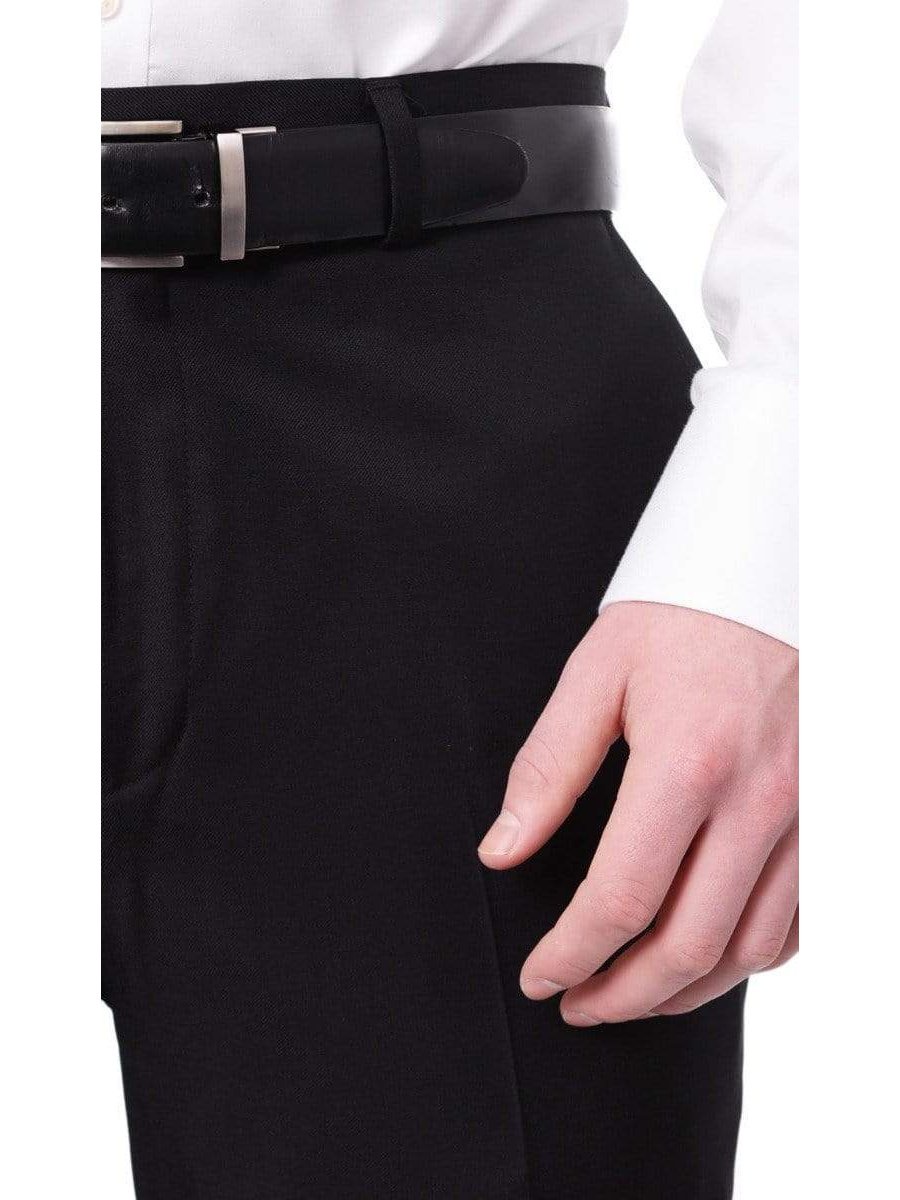 Label M PANTS Mens Classic Fit Solid Black Flat Front Wool Dress Pants