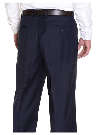 Label M PANTS Mens Classic Fit Solid Navy Blue Pleated Wool Dress Pants