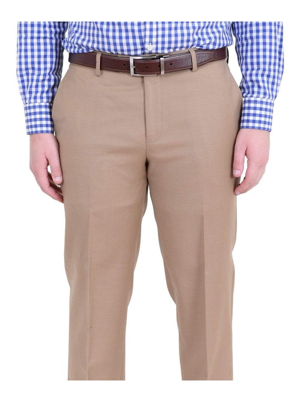 Label M PANTS Mens Classic Fit Solid Tan Flat Front Wool Dress Pants