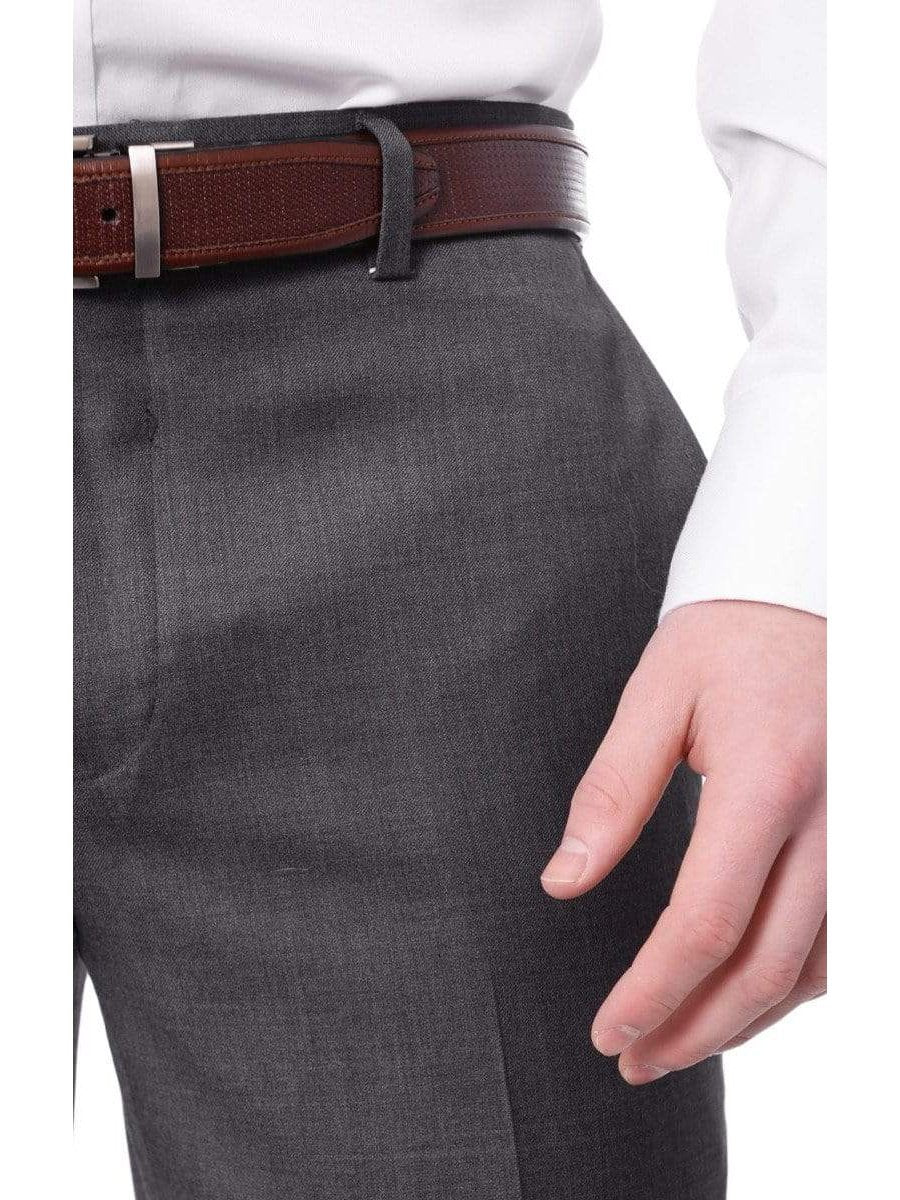 Label M PANTS Mens Extra Slim Fit Solid Medium Gray Flat Front Wool Dress Pants