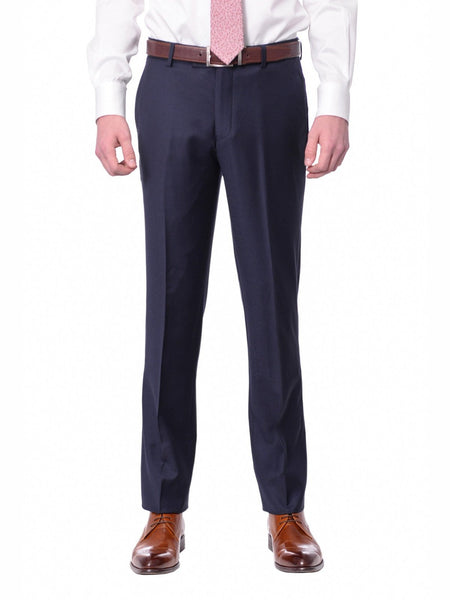 Mens Slim Fit Solid Navy Blue Flat Front Wool Dress Pants, 44