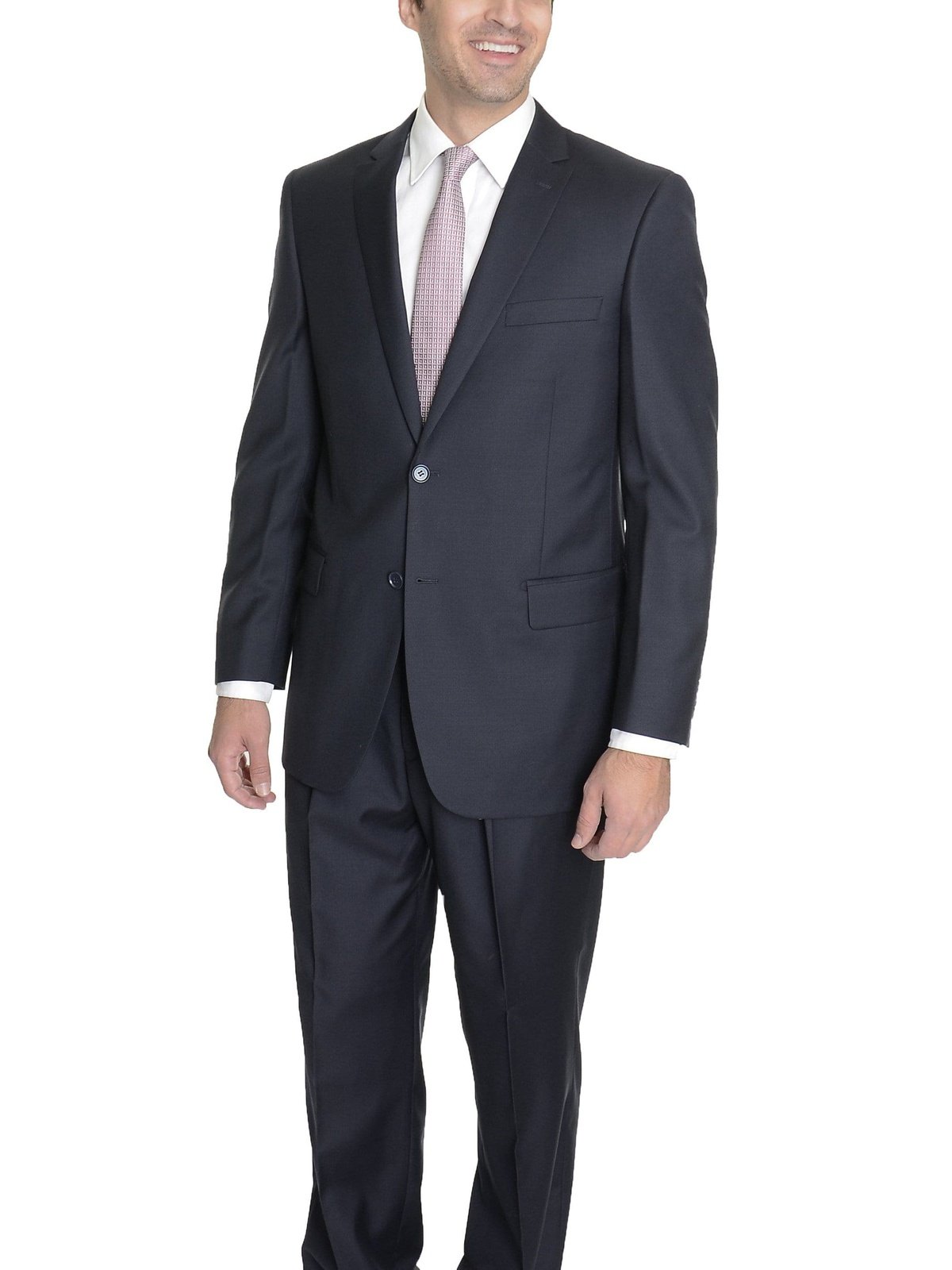 Solid Navy Blue Single Pleated Wrinkle Resistant Wool Dress Pants - The Suit Depot