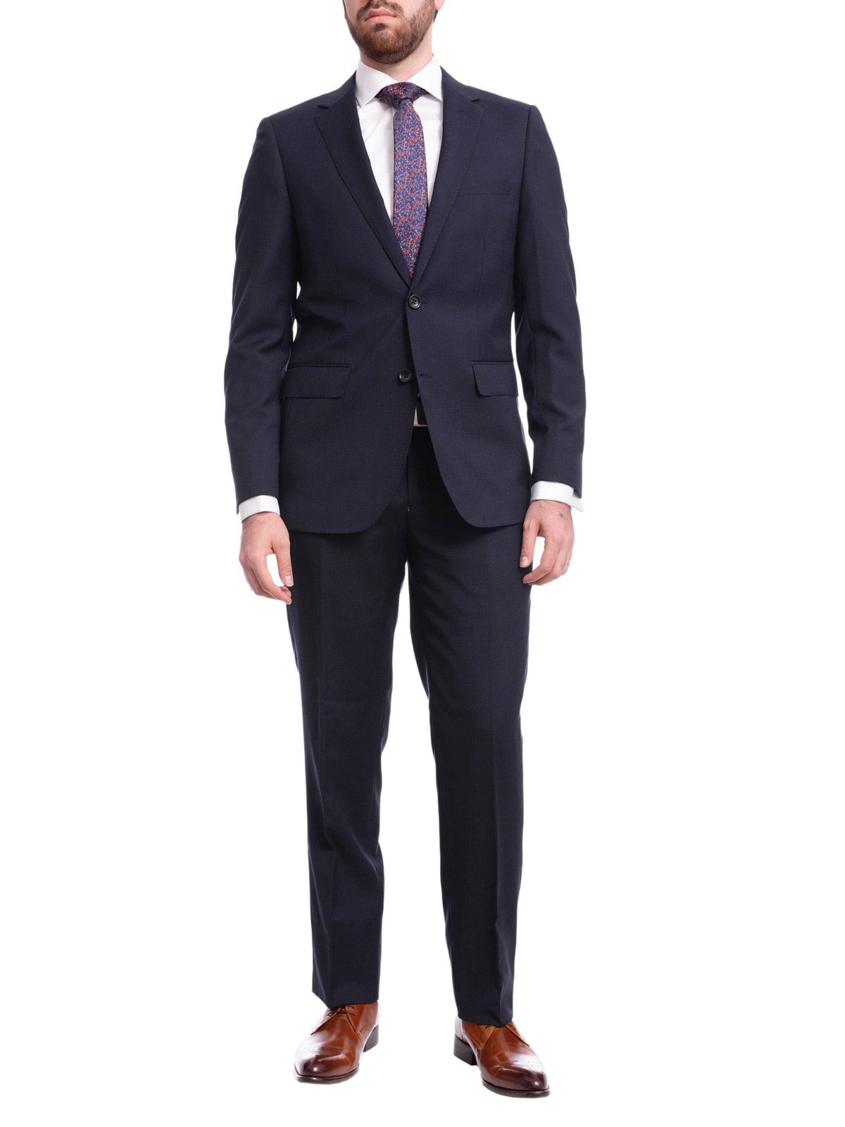 Label M Sale Suits Men&#39;s Extra Slim Fit Navy Blue Mini Check Two Button Wool Suit