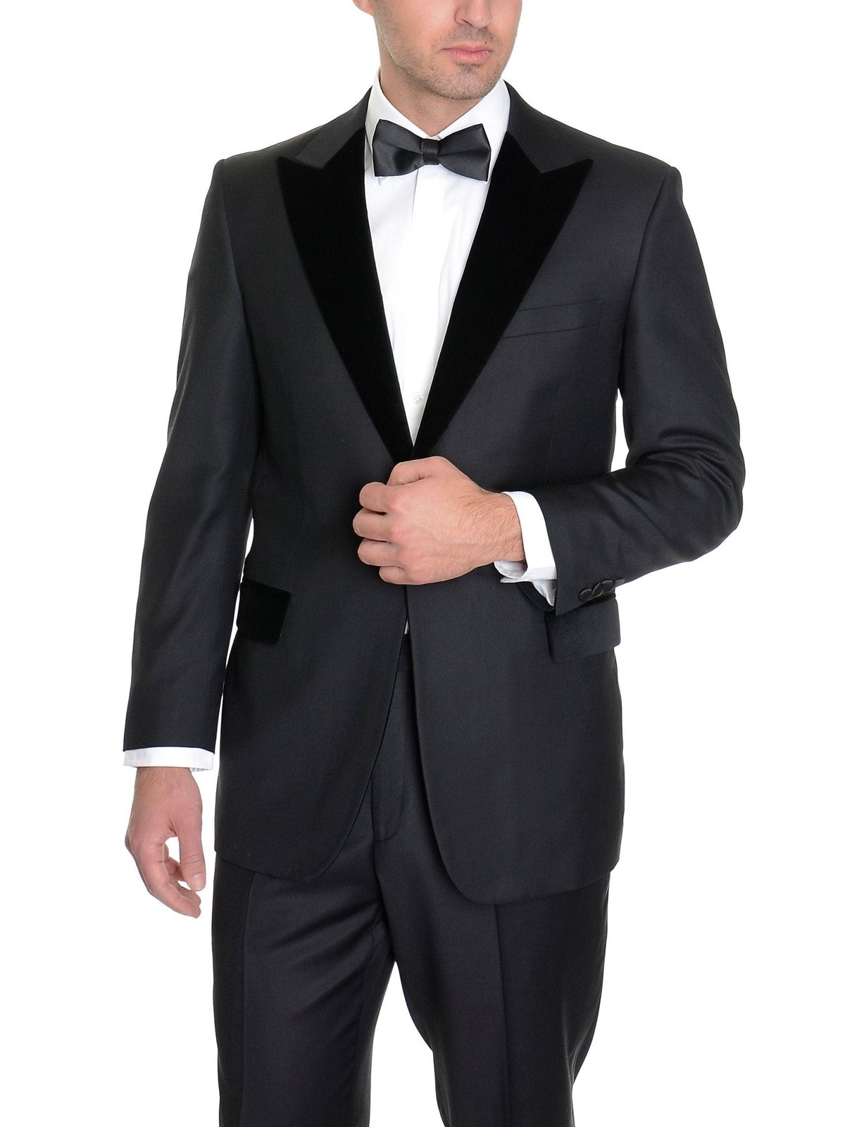 Label M TUXEDOS Modern Fit Solid Black One Button Wool Blend Tuxedo Suit With Peak Lapels