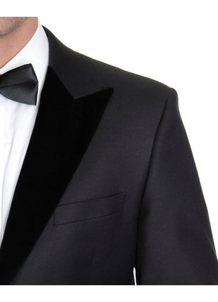 Label M TUXEDOS Modern Fit Solid Black One Button Wool Blend Tuxedo Suit With Peak Lapels