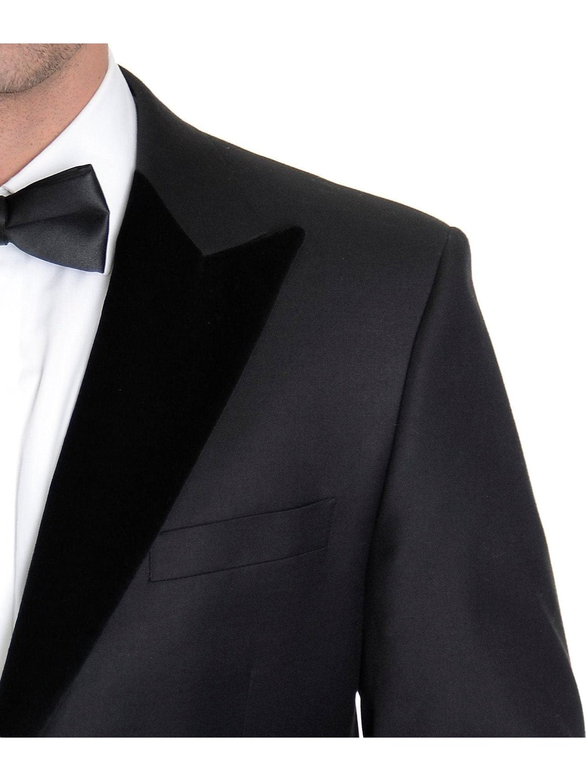 Label M TUXEDOS Modern Fit Solid Black One Button Wool Blend Tuxedo Suit With Peak Lapels