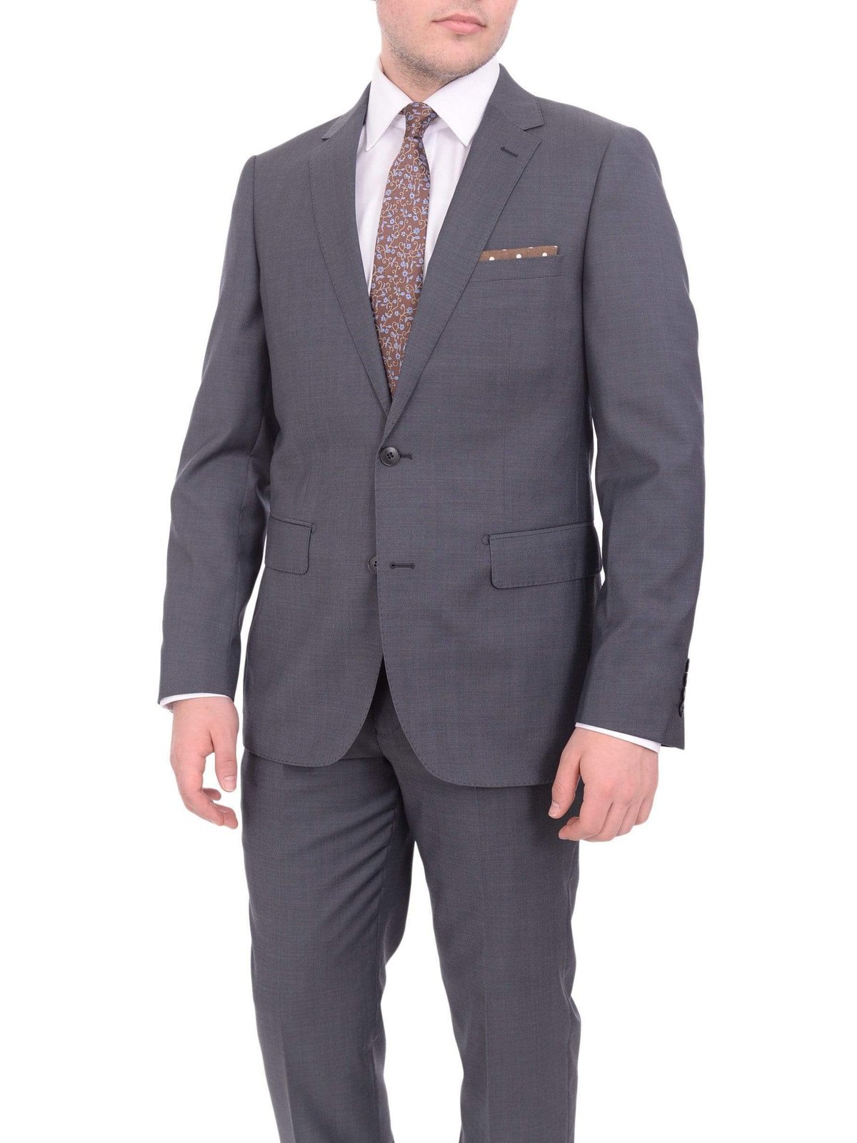 Label M TWO PIECE SUITS 36R Mens Extra Slim Fit Heather Gray Blue Textured Two Button Wool Blend Suit