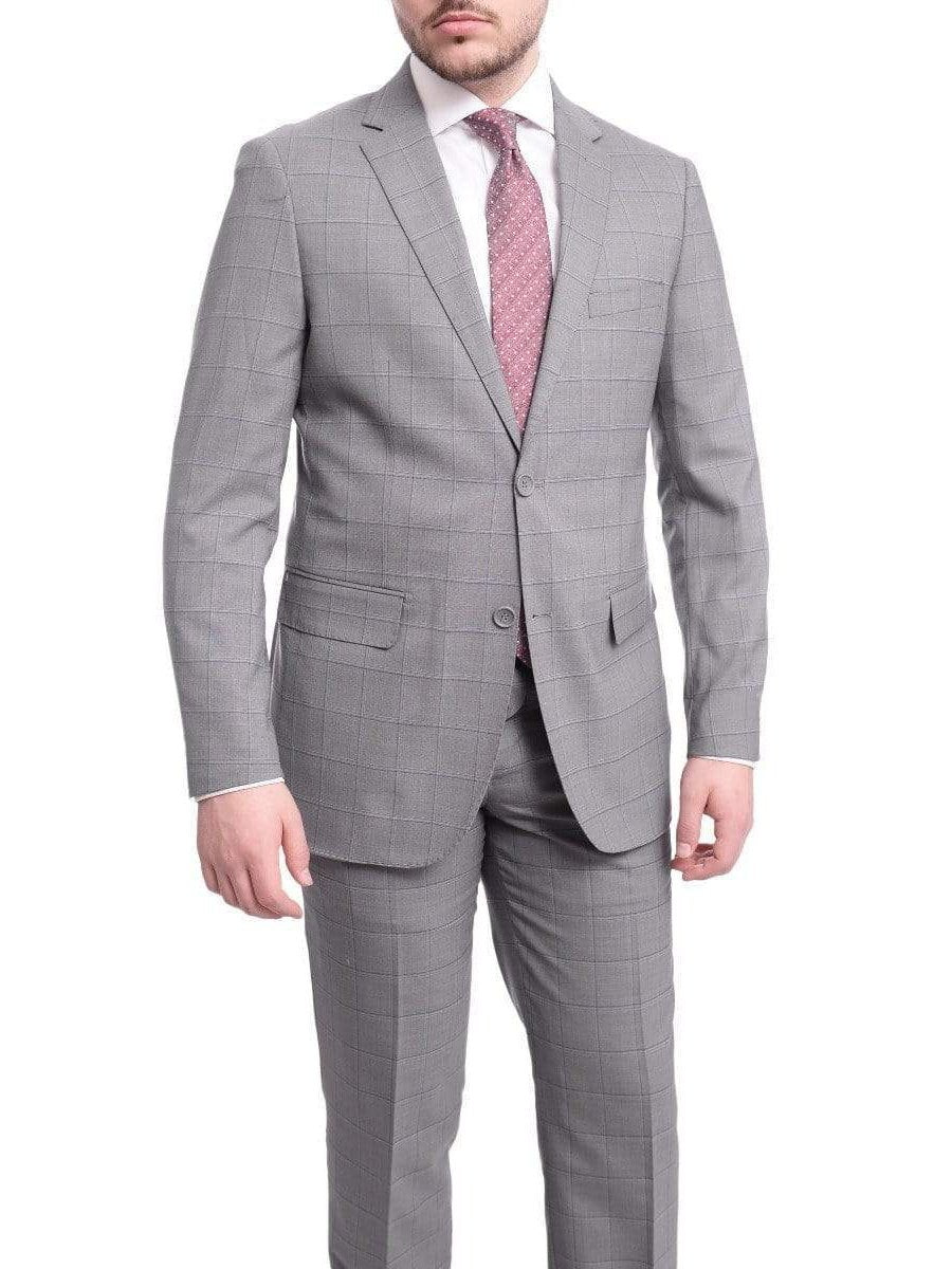 Label M TWO PIECE SUITS 38R Mens Slim Fit Light Gray With Blue & White Windowpane Two Button Wool Suit