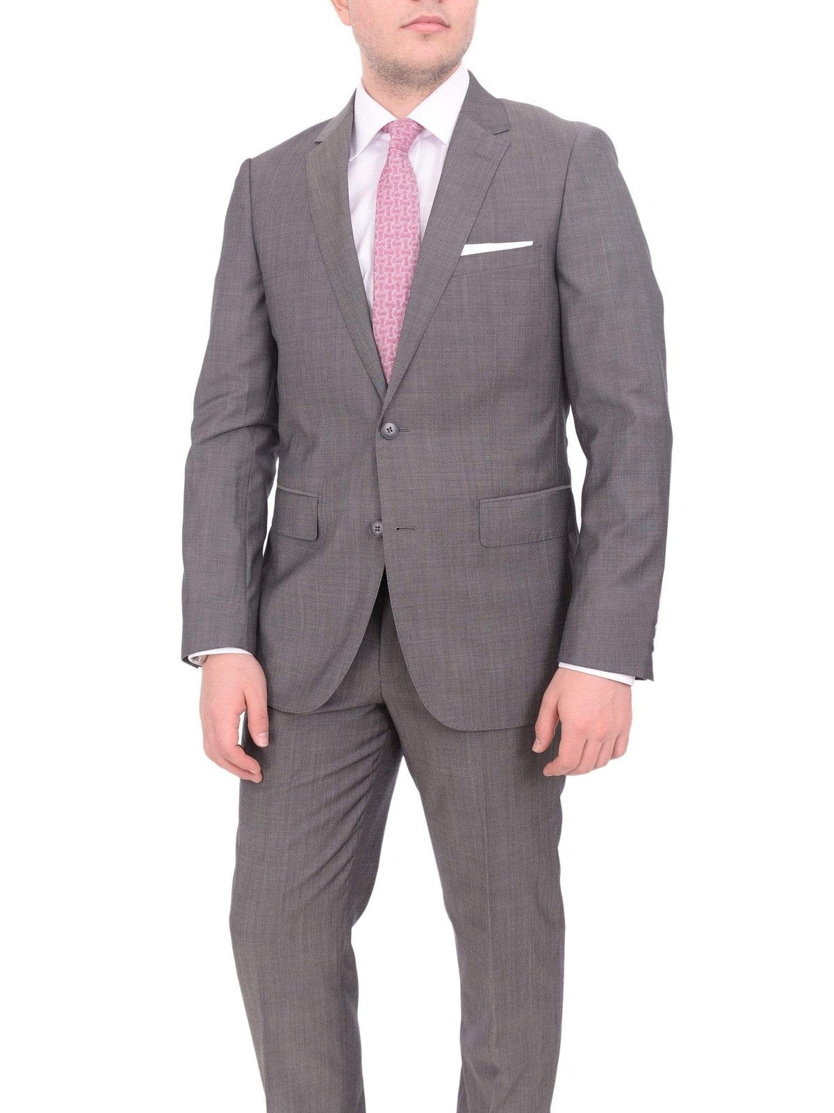 Label M TWO PIECE SUITS 40S Mens Extra Slim Fit Gray Textured Two Button Wool Blend Suit