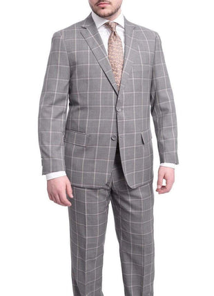 Label M TWO PIECE SUITS 42R Mens Classic Fit Gray Step With Gray & Taupe Windowpane Two Button Wool Suit